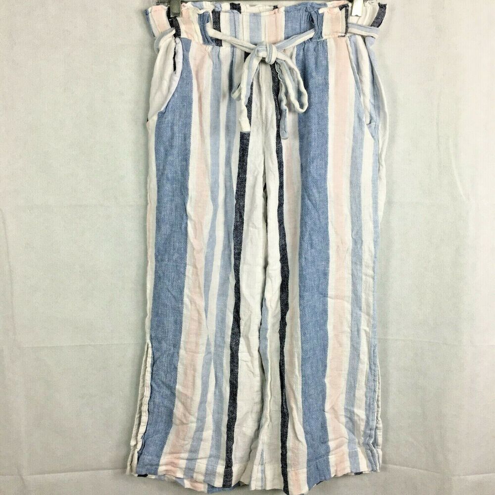 Indigo Rein Pants Womens Sz M White Stripe Linen Belted Wide Leg Flowy Crop